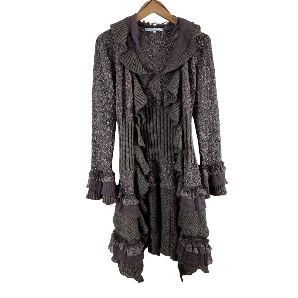 Cecico Women's Mauve Ruffle Lace Tiered Long Open Front Cardigan Boho Sweater S